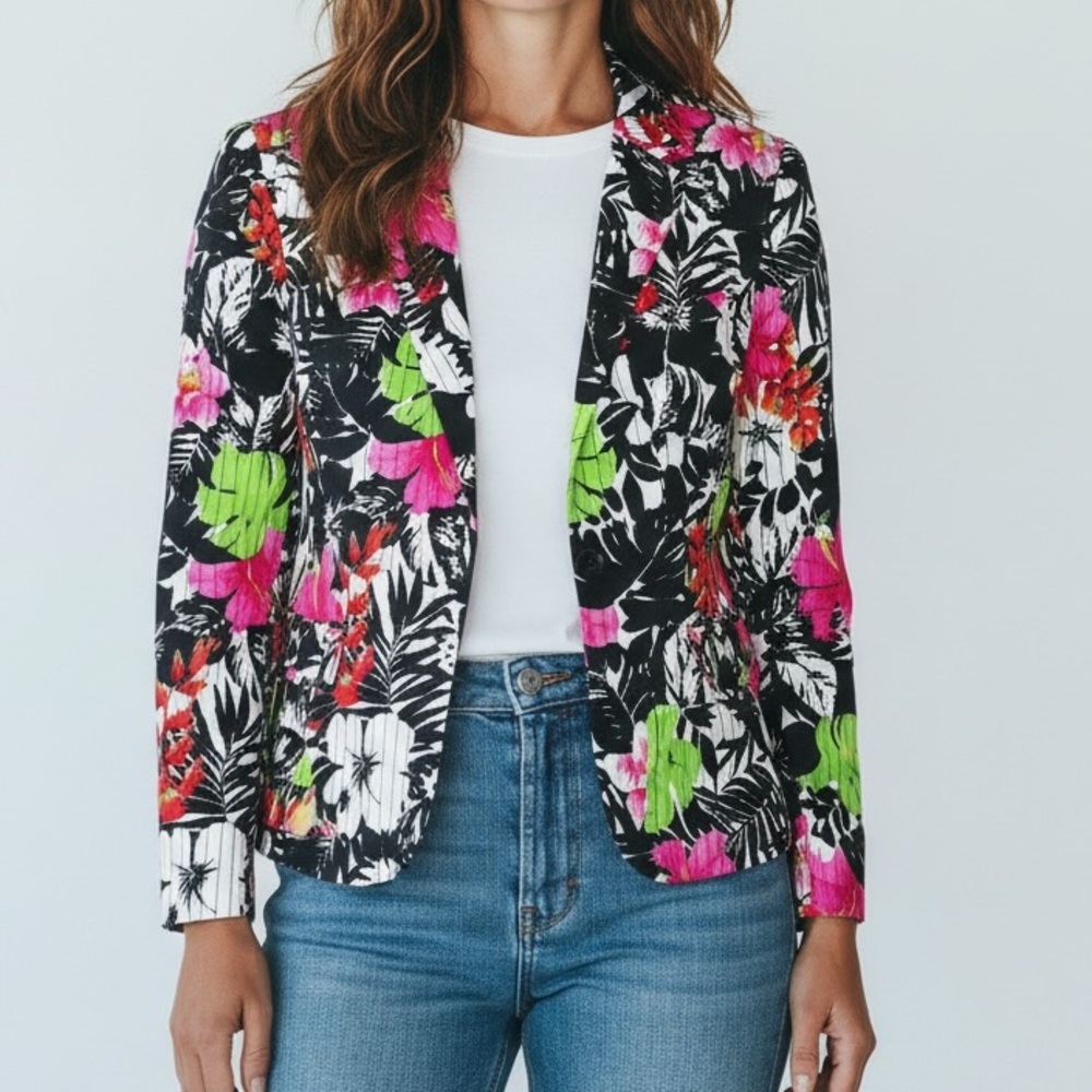 Harve Benard Tropical Floral Pinstripe Blazer Office Jacket Women’s 12